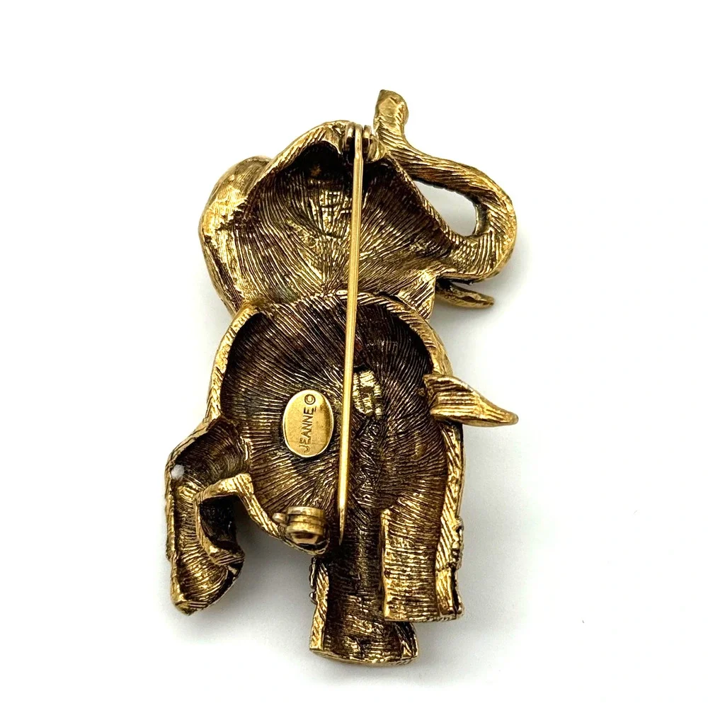 Vintage Jeanne Signed Jeweled Elephant Brooch Pin Rhinestone Turquoise 1960s